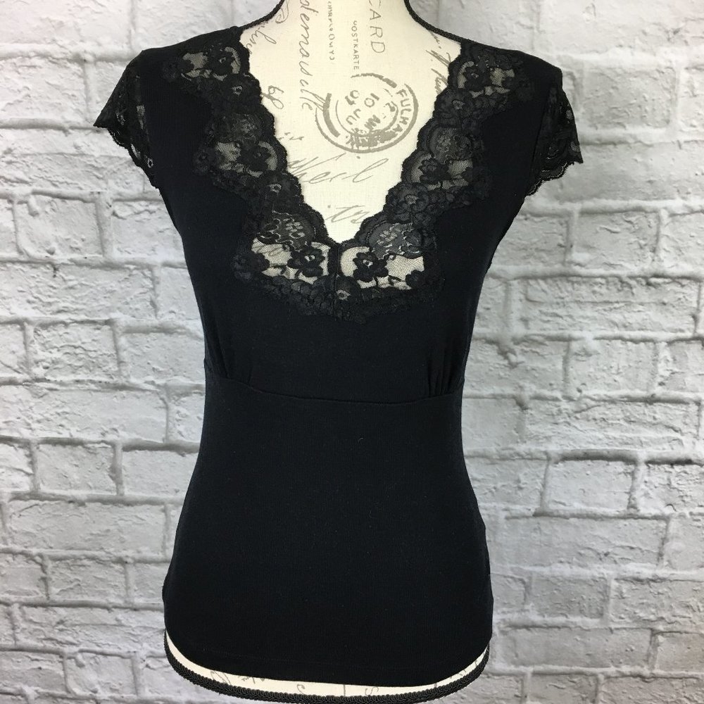 Casual Corner Black Top with Lace Trim Size M